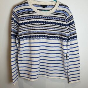 J. Crew Wool Fair Isle Stripe‎ Sweater Crewneck Blue Beige Womens Medium